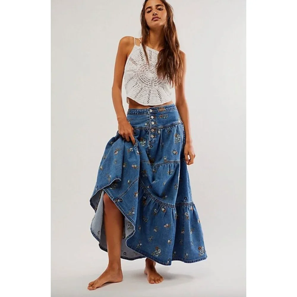 Free People x Driftwood Floral Embroidered Maxi Skirt In Blue Size Medium